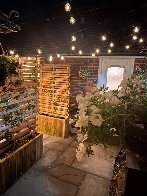 The courtyard at night under strings of lights