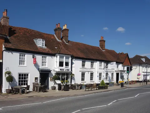 The Red Lion, a long white-painted pub on Odiham High Street