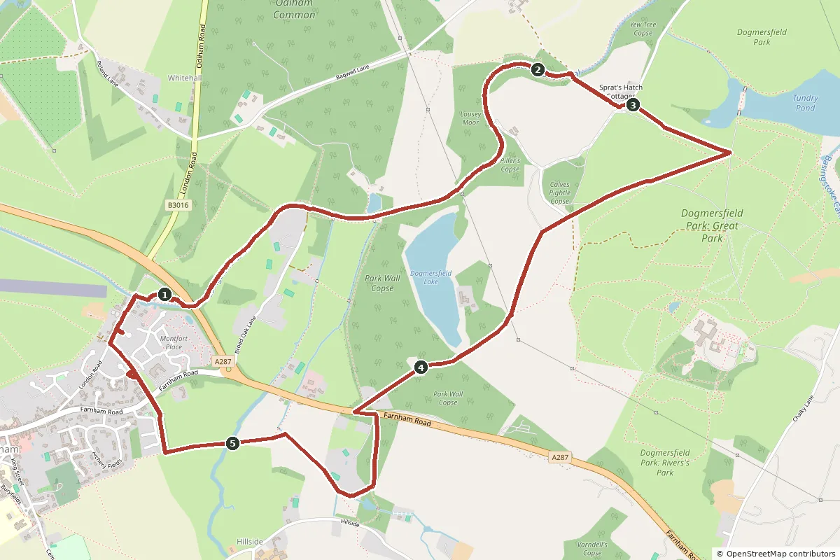 Map of the Dogmersfield Park and Broad Oak walk, with the route in red and numbered points
