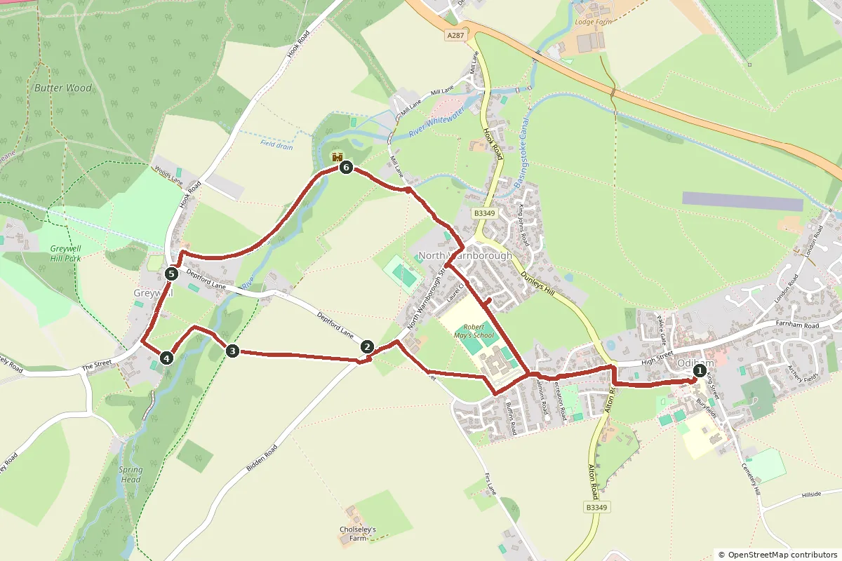 Map of the Greywell Moors, Greywell and the castle walk, with the route in red and numbered points