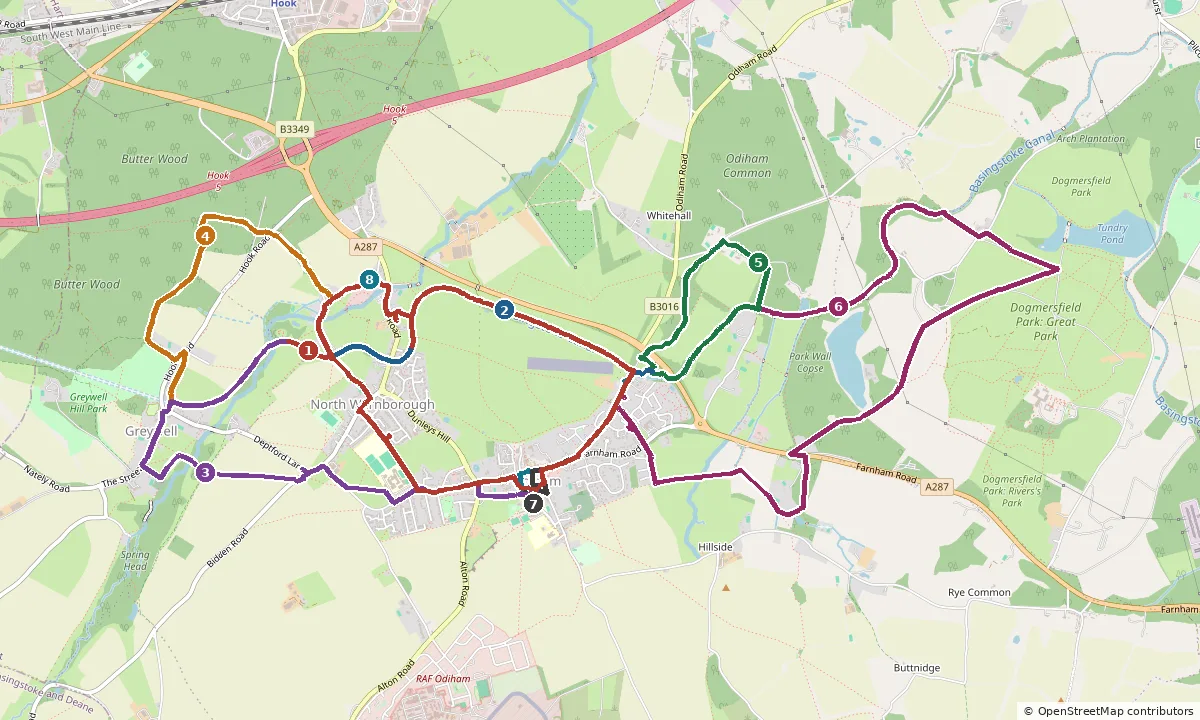 Overview map of eight walking routes around Odiham, North Warnborough, Greywell and Dogmersfield