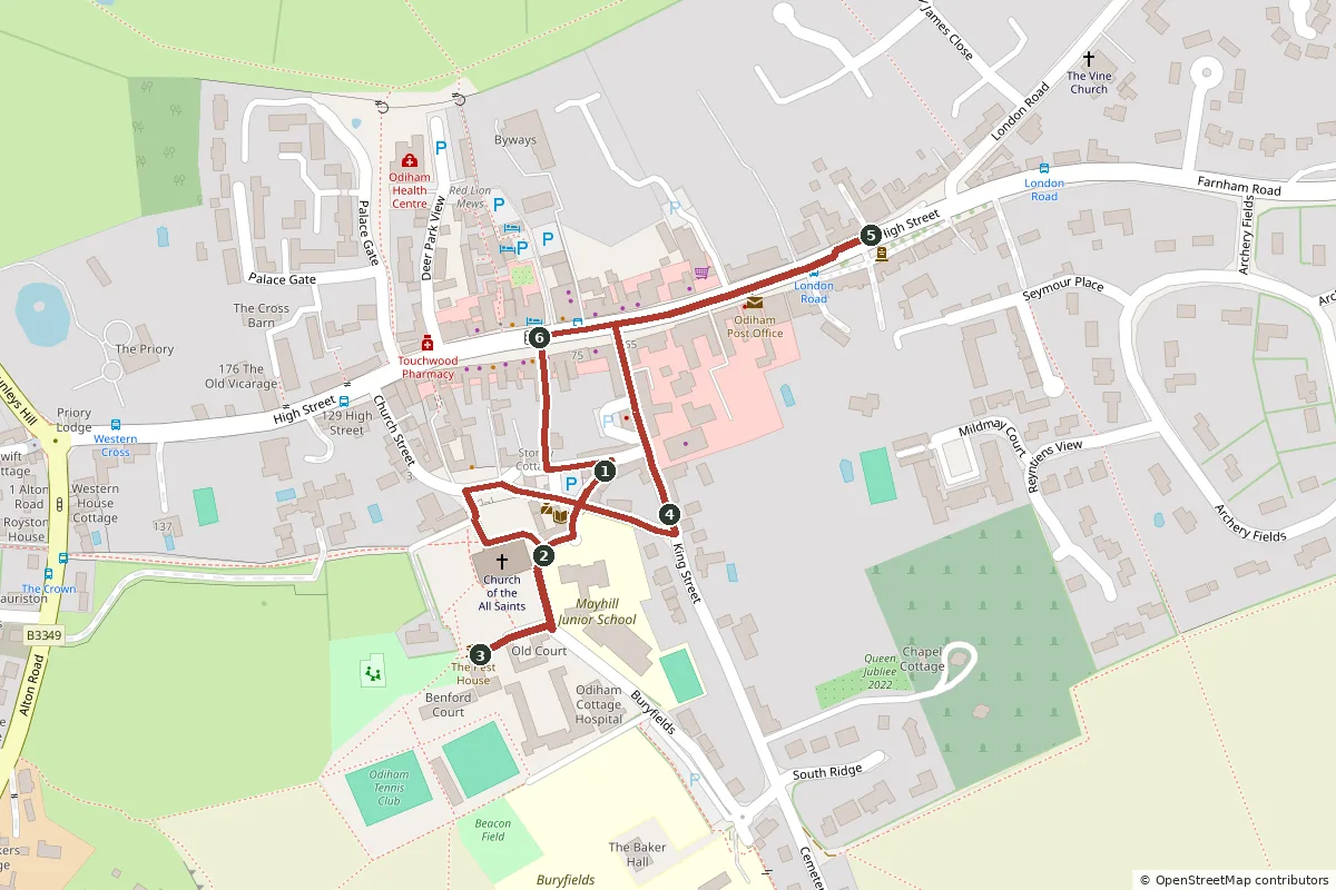 Map of the Odiham village heritage trail walk, with the route in red and numbered points