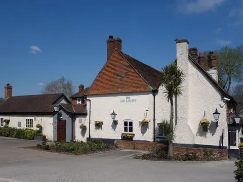 The Waterwitch, a white-painted pub with a red-tiled roof and hanging baskets, at Colt Hill in Odiham